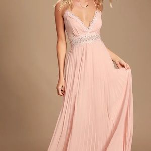 Blush pink lace pleated maxi dress